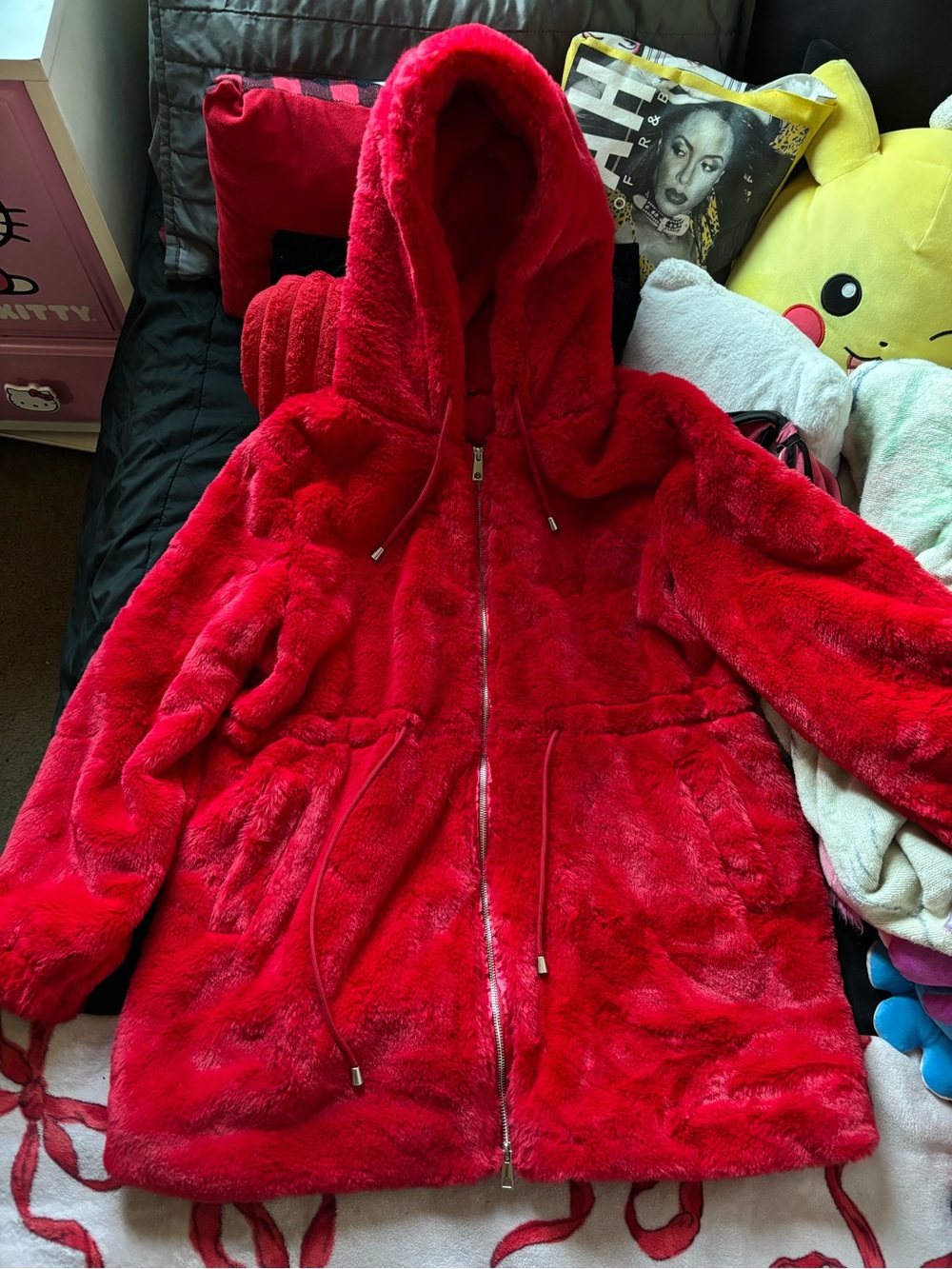 Amazon Red Faux Fur Hooded Zip-Up Coat